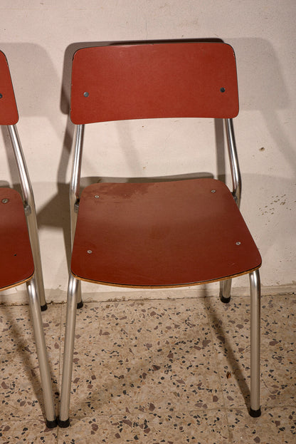4 Sedie in alluminio e seduta in formica rosa Italia 1950