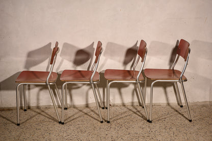 4 Sedie in alluminio e seduta in formica rosa Italia 1950