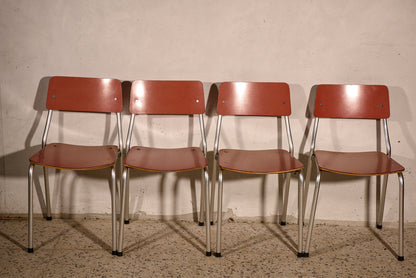 4 Sedie in alluminio e seduta in formica rosa Italia 1950