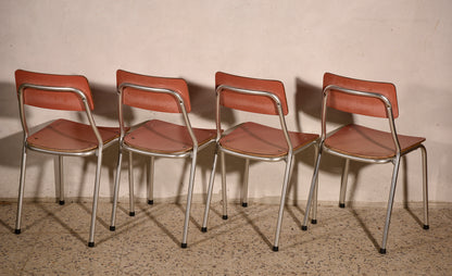 4 Sedie in alluminio e seduta in formica rosa Italia 1950