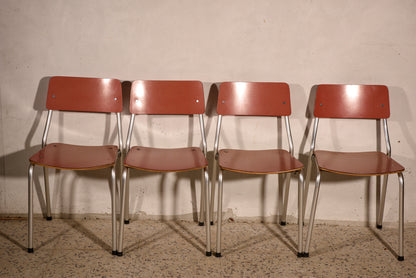 4 Sedie in alluminio e seduta in formica rosa Italia 1950