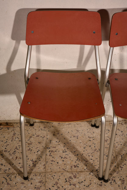 4 Sedie in alluminio e seduta in formica rosa Italia 1950