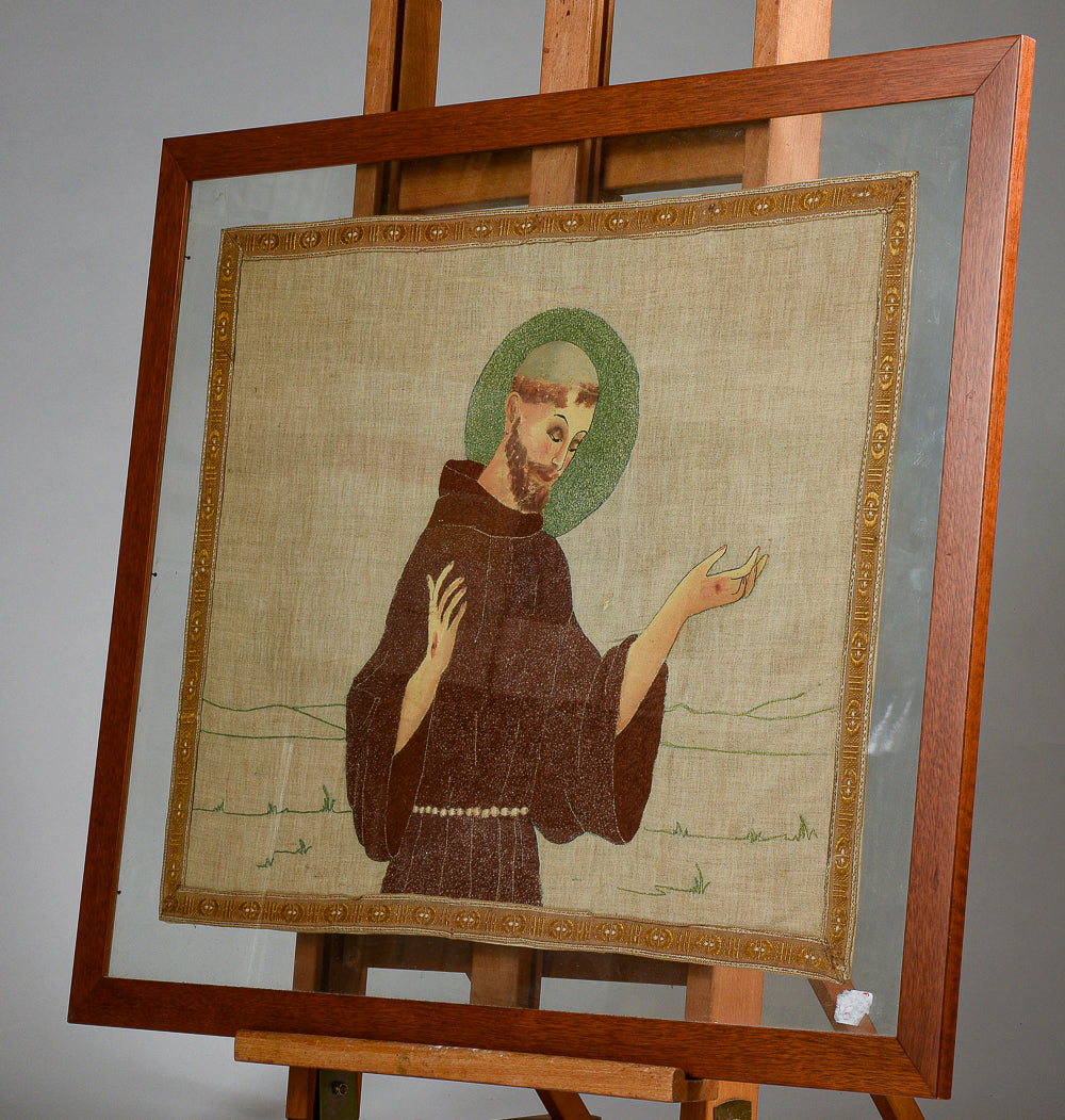 quadro doppio vetro con interno telo dipinta  raffigurante San Francesco Italia epoca  primo 900