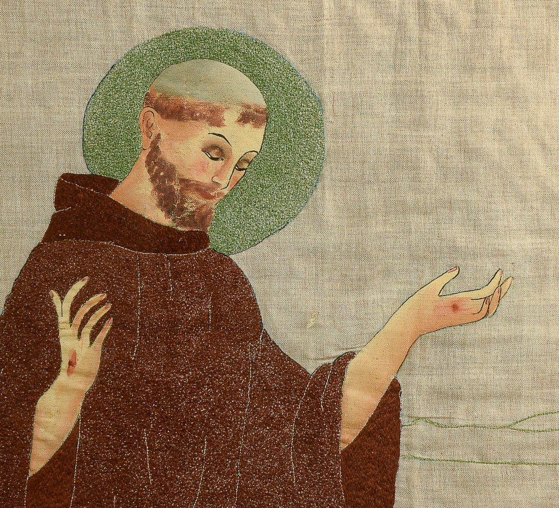 quadro doppio vetro con interno telo dipinta  raffigurante San Francesco Italia epoca  primo 900