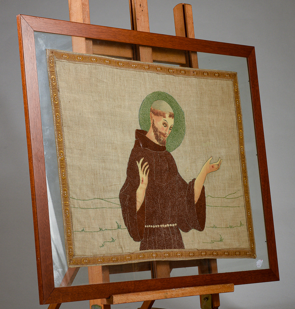 quadro doppio vetro con interno telo dipinta  raffigurante San Francesco Italia epoca  primo 900