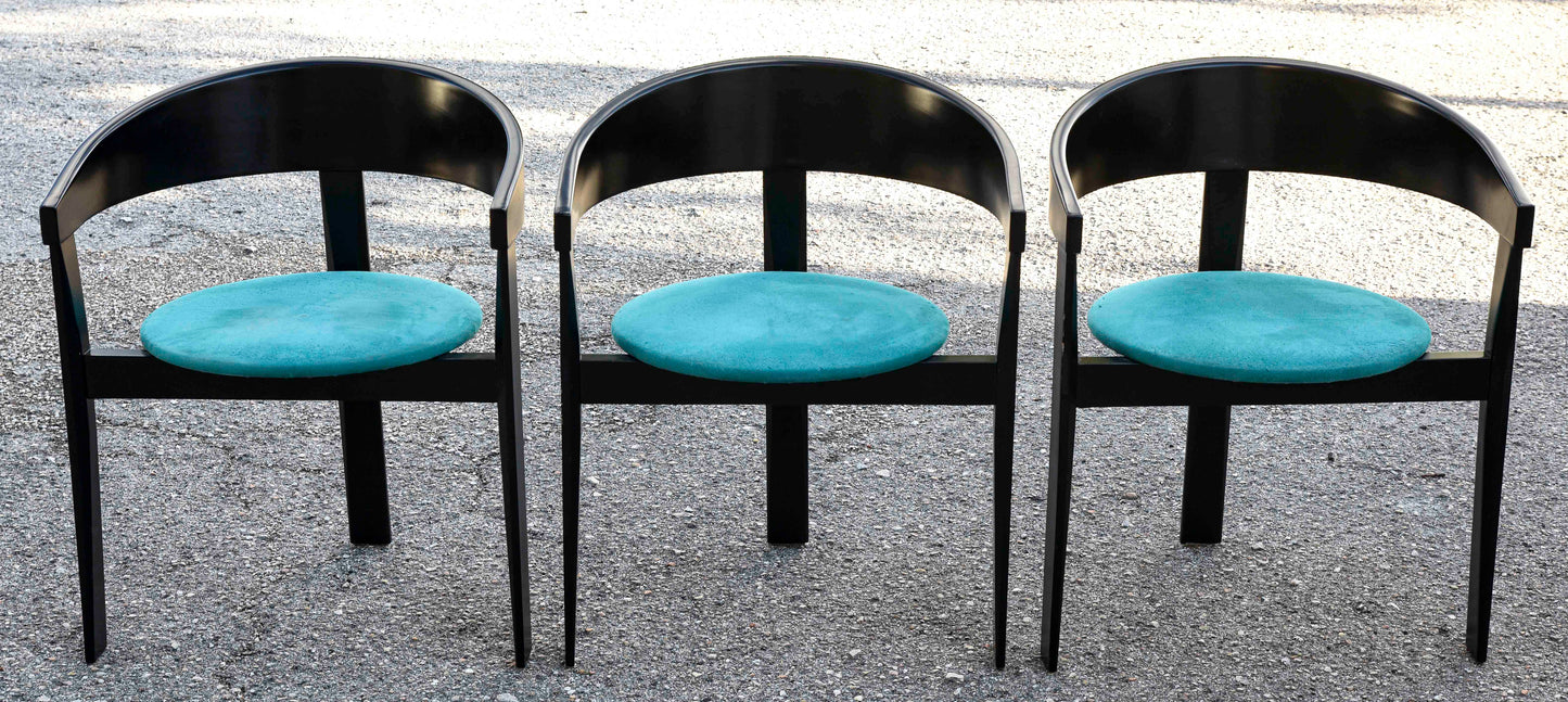 Set di tre sedie design legno e tessuto simil velluto 1980 stile Tobia Scarpa