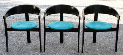 Set di tre sedie design legno e tessuto simil velluto 1980 stile Tobia Scarpa