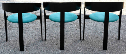 Set di tre sedie design legno e tessuto simil velluto 1980 stile Tobia Scarpa