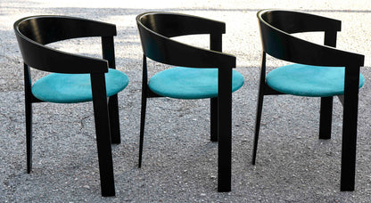Set di tre sedie design legno e tessuto simil velluto 1980 stile Tobia Scarpa