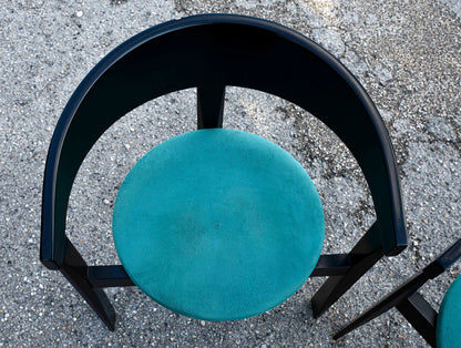 Set di tre sedie design legno e tessuto simil velluto 1980 stile Tobia Scarpa