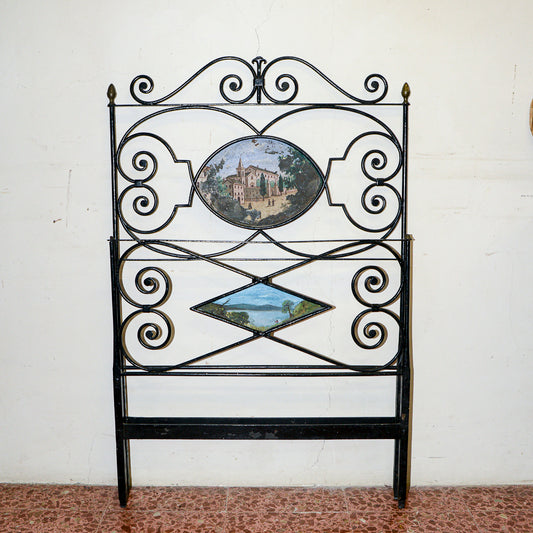 Letto in ferro battuto testata e pediera verniciate con paesaggio campestre e lacustre Italia  1800