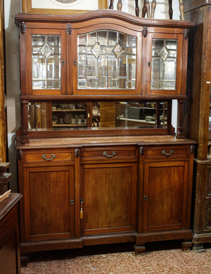 CREDENZA IN NOCE, LIBERTY CON VETRI MOLATI E PIANO IN MARMO