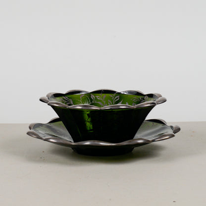 set due piatti in vetro verde con decori argento epoca metà XX Secolo