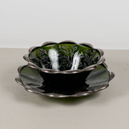 set due piatti in vetro verde con decori argento epoca metà XX Secolo