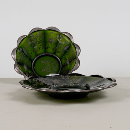 set due piatti in vetro verde con decori argento epoca metà XX Secolo