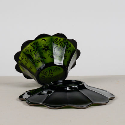 set due piatti in vetro verde con decori argento epoca metà XX Secolo