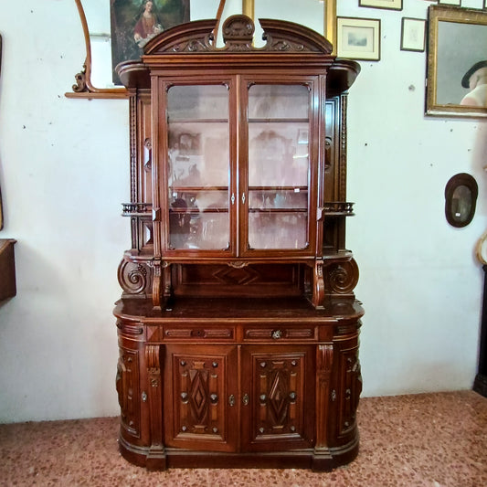credenza due corpi in noce massello vetrina ante mensole intagliata francia 1850