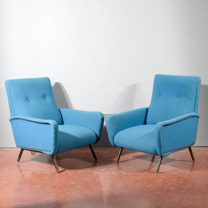 Coppia di poltrone anni 60 base metallo e stoffa azzurre