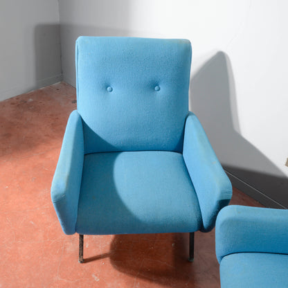 Coppia di poltrone anni 60 base metallo e stoffa azzurre