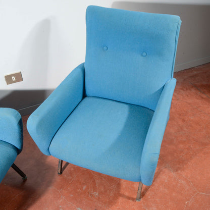 Coppia di poltrone anni 60 base metallo e stoffa azzurre