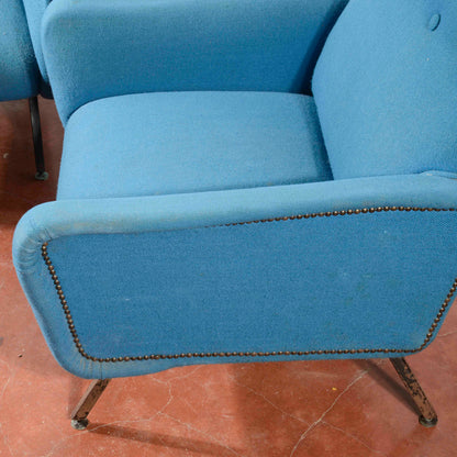 Coppia di poltrone anni 60 base metallo e stoffa azzurre