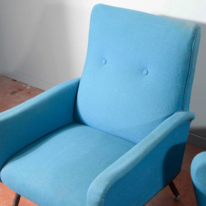 Coppia di poltrone anni 60 base metallo e stoffa azzurre