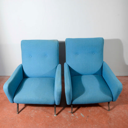Coppia di poltrone anni 60 base metallo e stoffa azzurre