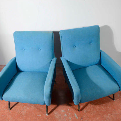 Coppia di poltrone anni 60 base metallo e stoffa azzurre