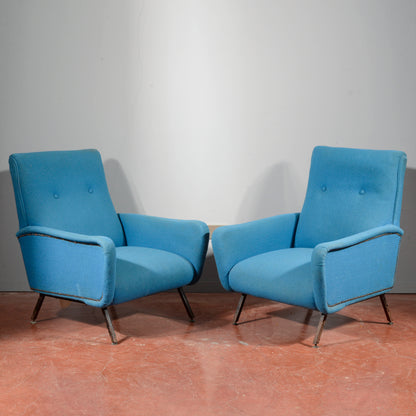 Coppia di poltrone anni 60 base metallo e stoffa azzurre