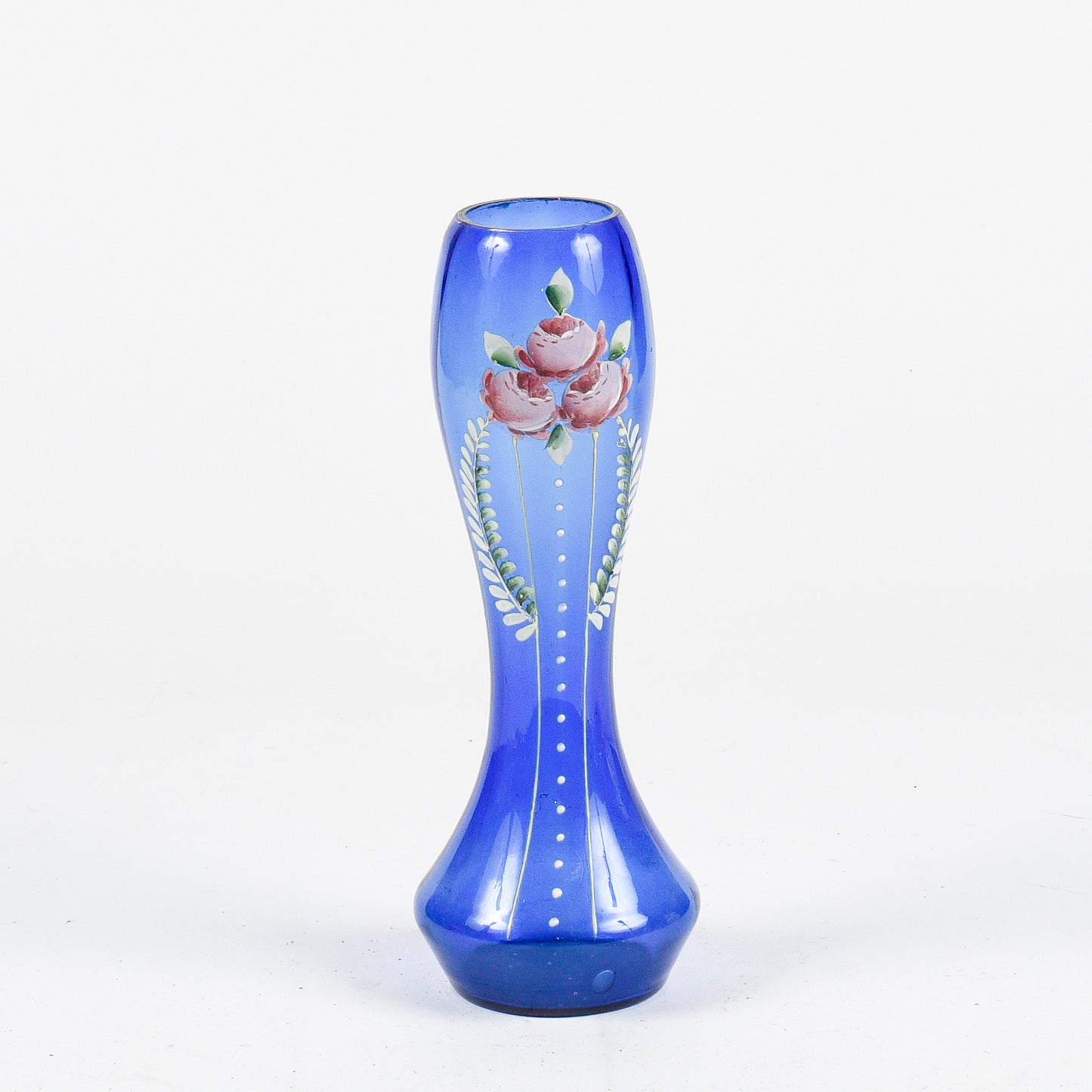 Vaso in vetro soffiato blu con decori fiori dipinti inizio XX secolo epoca LIberty