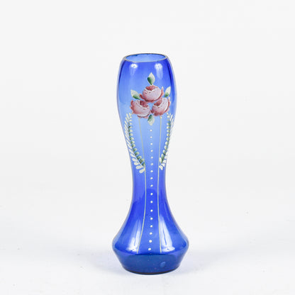 Vaso in vetro soffiato blu con decori fiori dipinti inizio XX secolo epoca LIberty