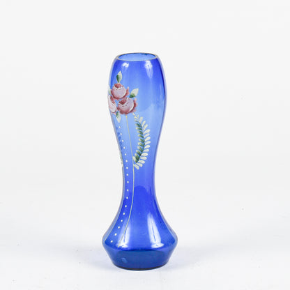 Vaso in vetro soffiato blu con decori fiori dipinti inizio XX secolo epoca LIberty