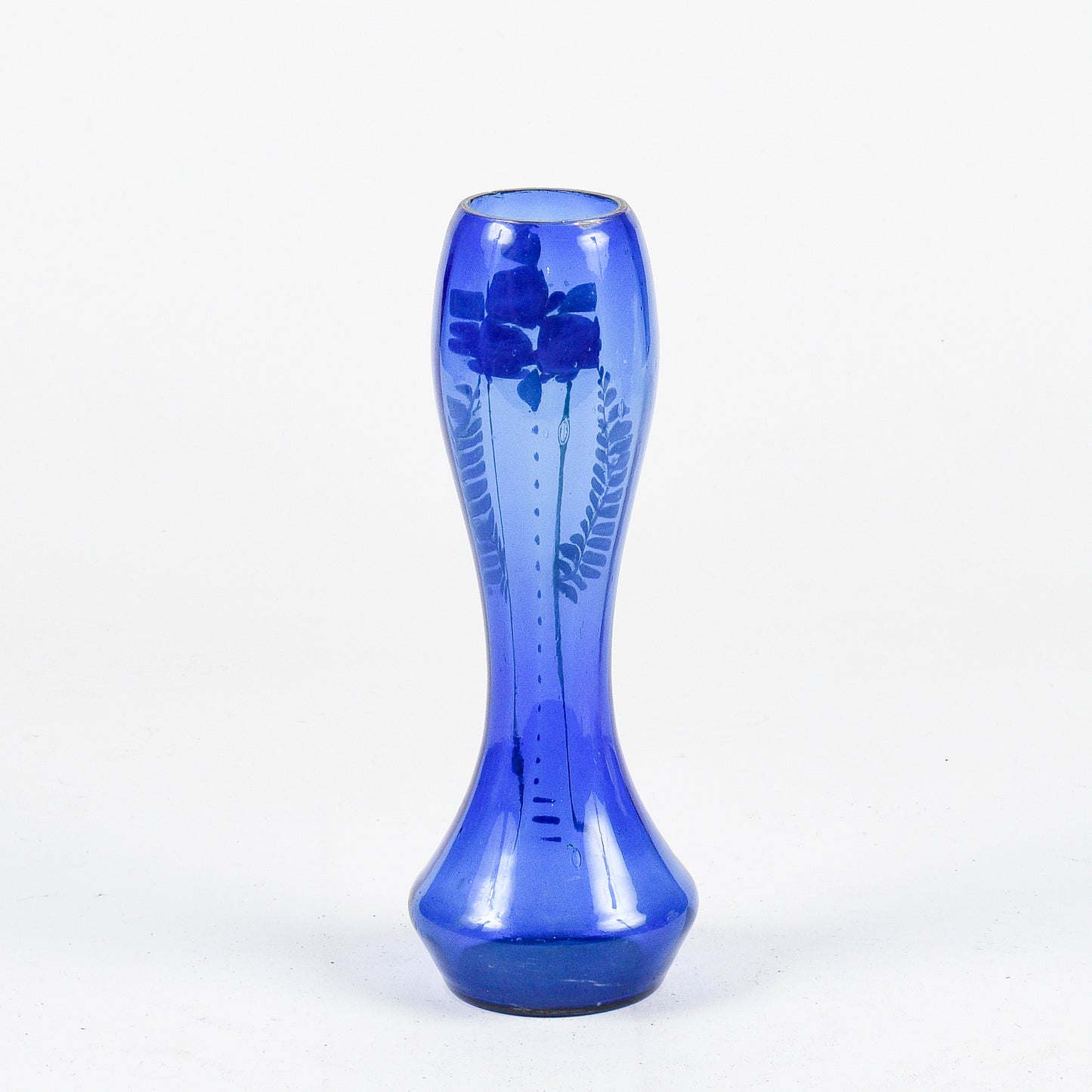 Vaso in vetro soffiato blu con decori fiori dipinti inizio XX secolo epoca LIberty