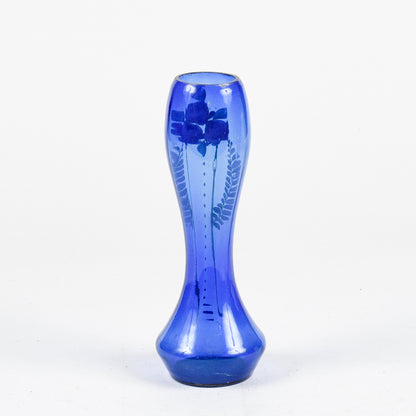 Vaso in vetro soffiato blu con decori fiori dipinti inizio XX secolo epoca LIberty