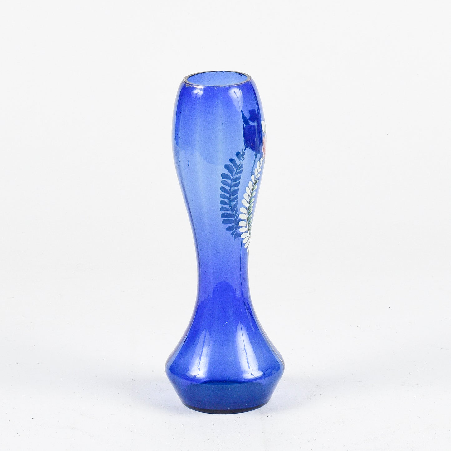 Vaso in vetro soffiato blu con decori fiori dipinti inizio XX secolo epoca LIberty