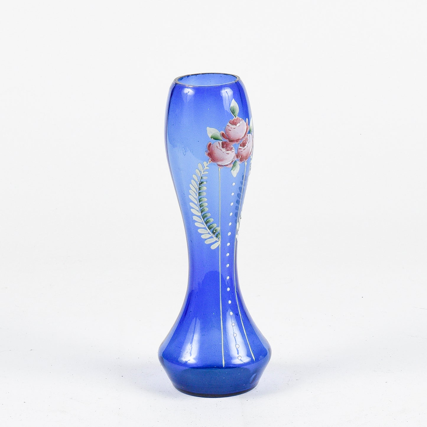 Vaso in vetro soffiato blu con decori fiori dipinti inizio XX secolo epoca LIberty