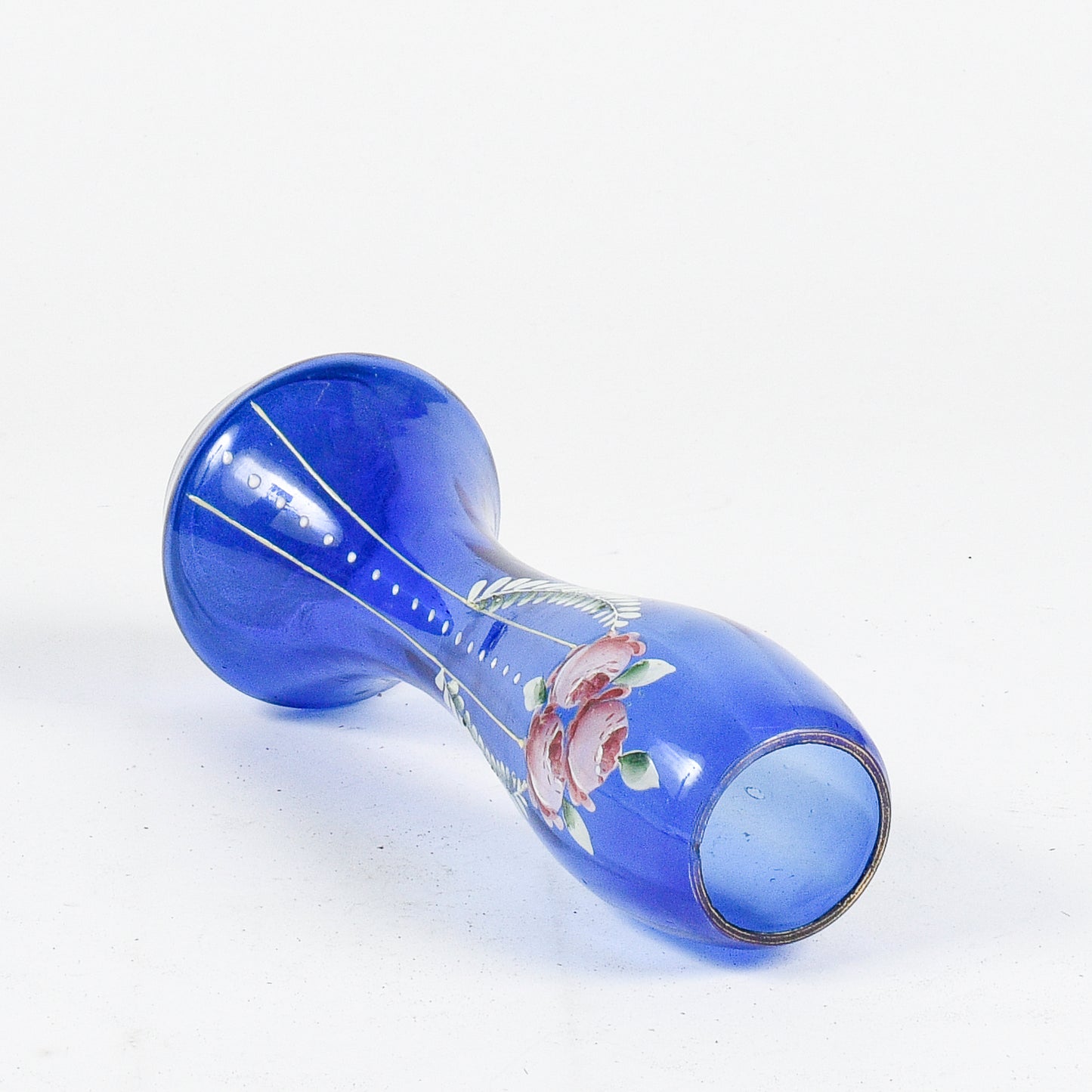 Vaso in vetro soffiato blu con decori fiori dipinti inizio XX secolo epoca LIberty