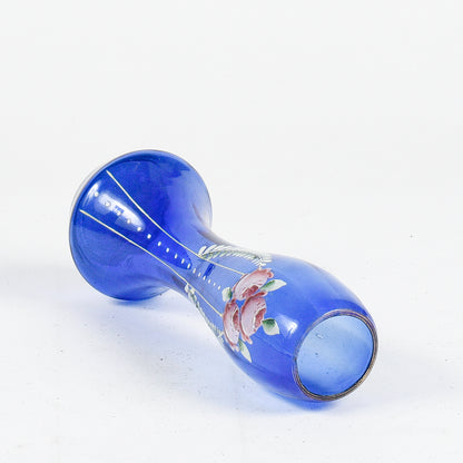 Vaso in vetro soffiato blu con decori fiori dipinti inizio XX secolo epoca LIberty