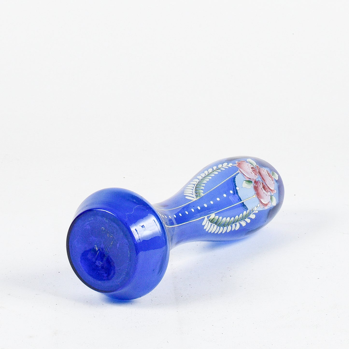 Vaso in vetro soffiato blu con decori fiori dipinti inizio XX secolo epoca LIberty