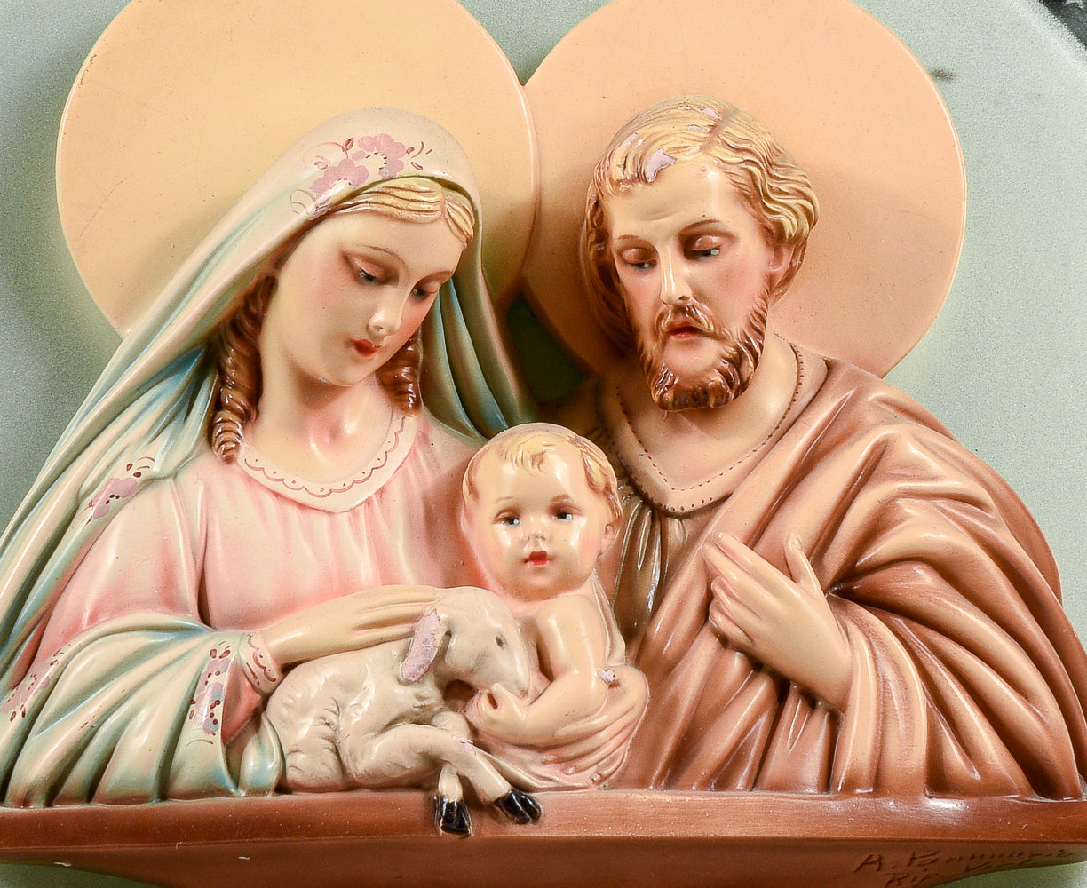 Capoletto  Sacra Famiglia in gesso policromo con specchio e  decori Italia 1950