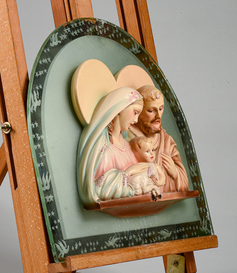 Capoletto  Sacra Famiglia in gesso policromo con specchio e  decori Italia 1950