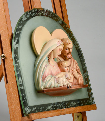 Capoletto  Sacra Famiglia in gesso policromo con specchio e  decori Italia 1950
