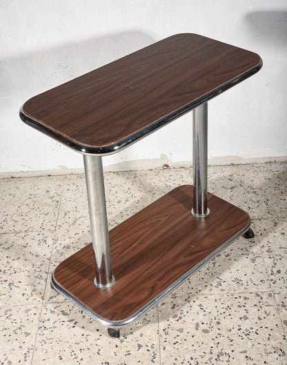 Tavolino carrello in legno e acciaio cromato, Italia 1980