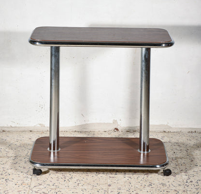 Tavolino carrello in legno e acciaio cromato, Italia 1980