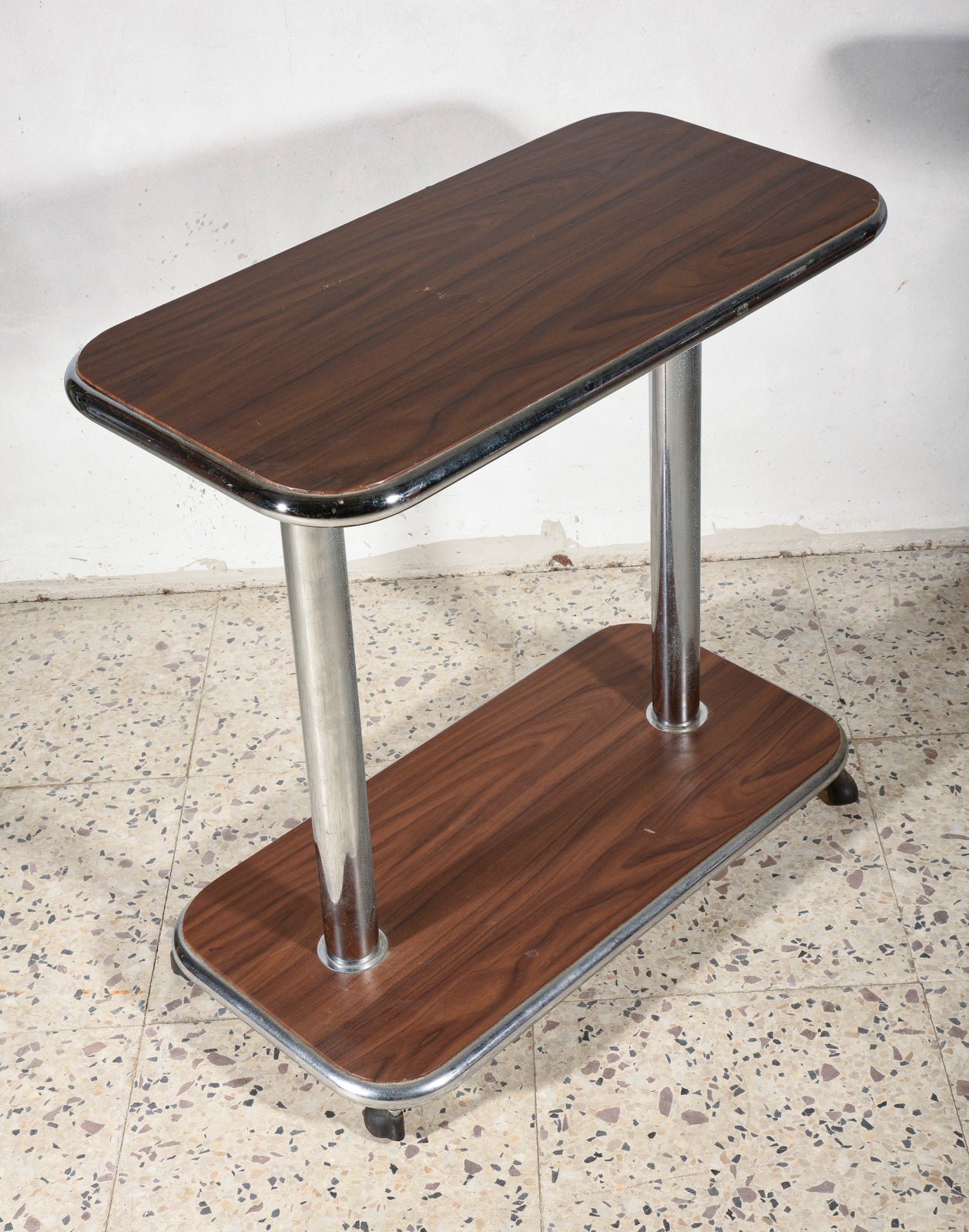 Tavolino carrello in legno e acciaio cromato, Italia 1980