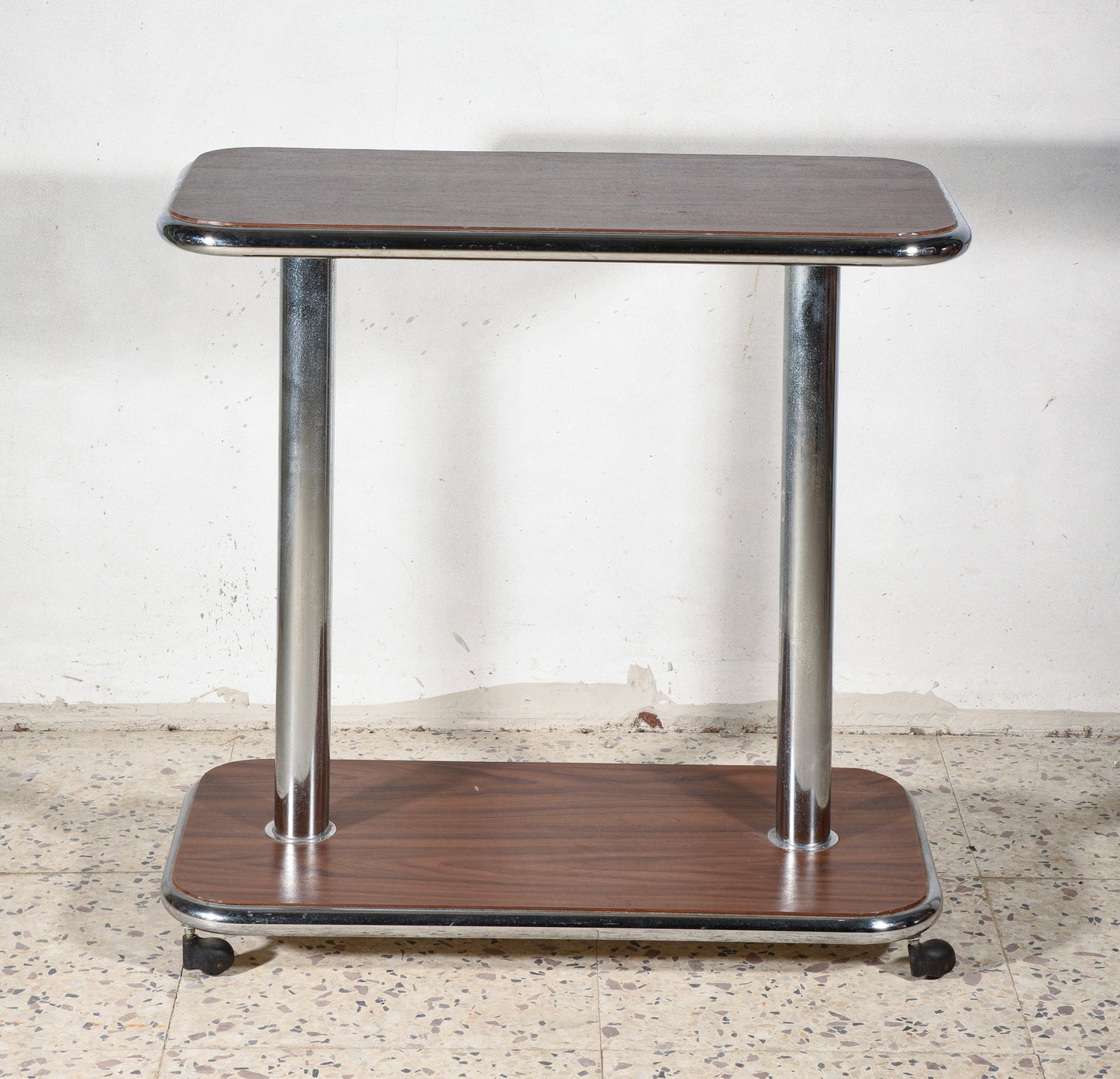 Tavolino carrello in legno e acciaio cromato, Italia 1980