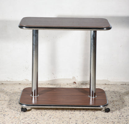 Tavolino carrello in legno e acciaio cromato, Italia 1980