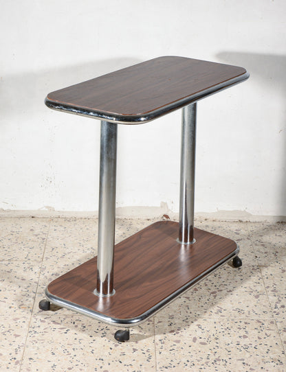 Tavolino carrello in legno e acciaio cromato, Italia 1980