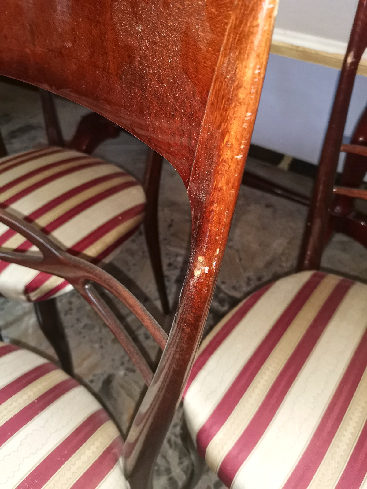 set 6 sedie sedia tessuto bianco panna rosso bordeau legno vintage ben tenute  1960