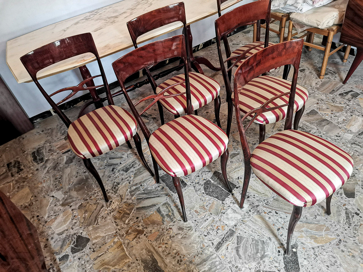 set 6 sedie sedia tessuto bianco panna rosso bordeau legno vintage ben tenute  1960
